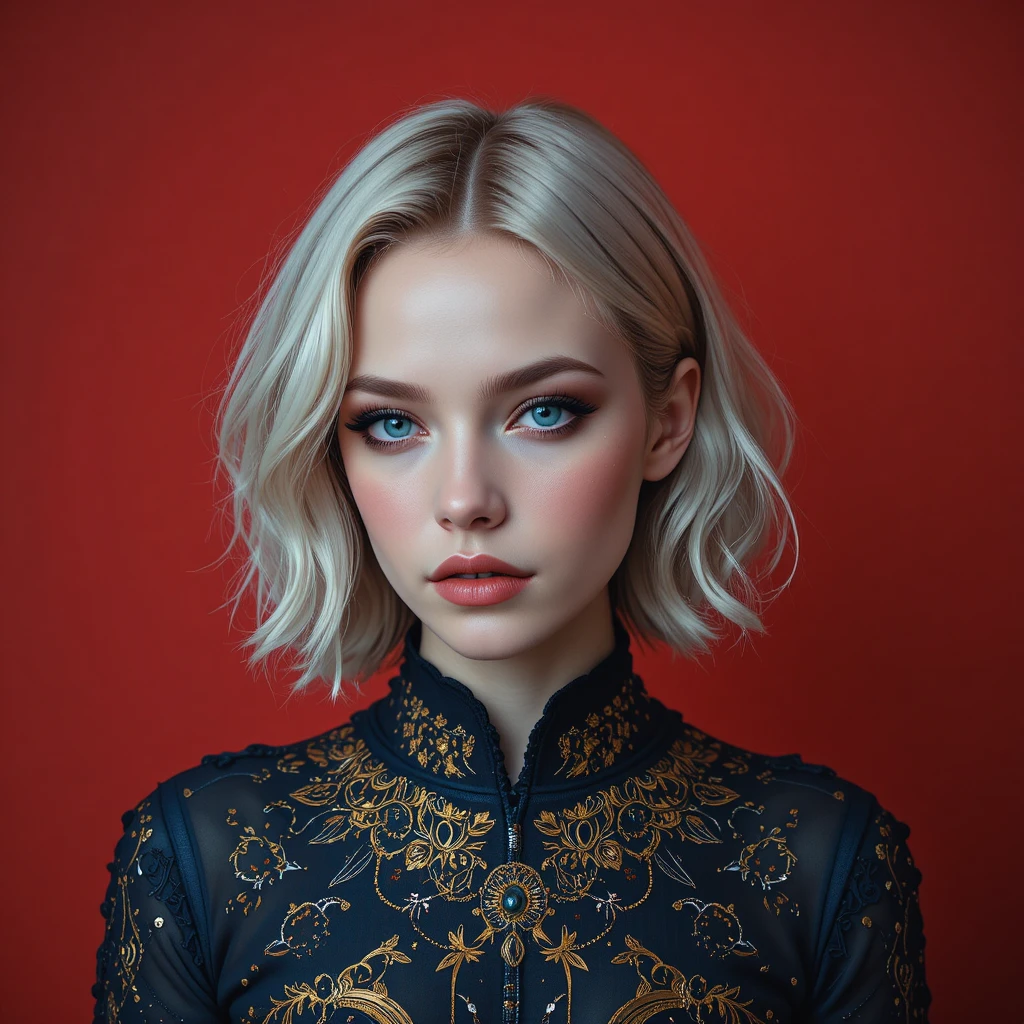 Surreal portrait of a young woman with silver hair