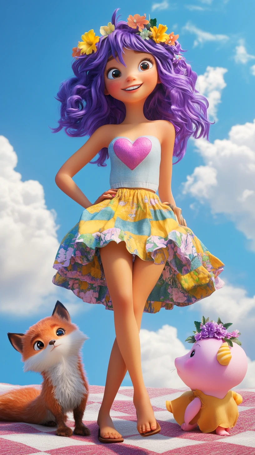 Anime girl with purple hair against checkered background