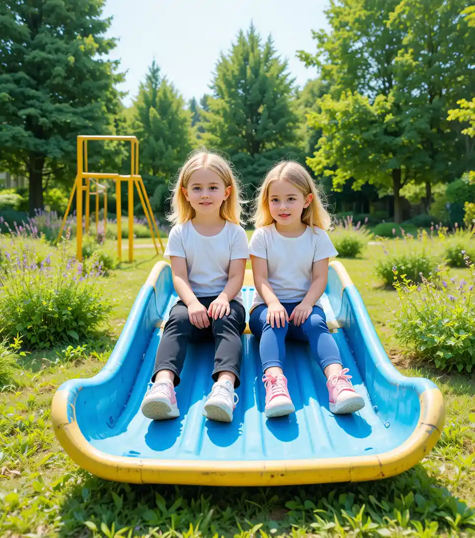 Two young girls sitting on a blue playground slide
