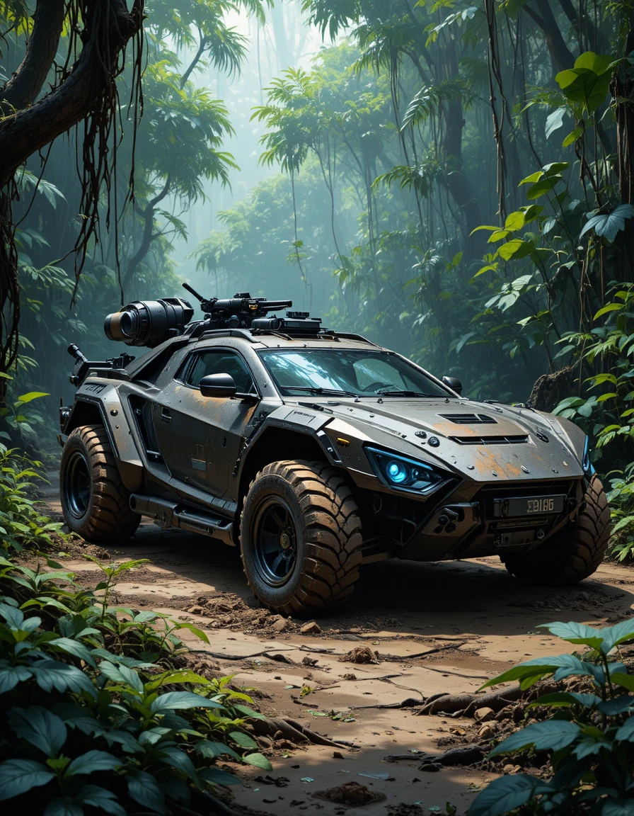 Armored futuristic hypercar hidden in dense jungle clearing