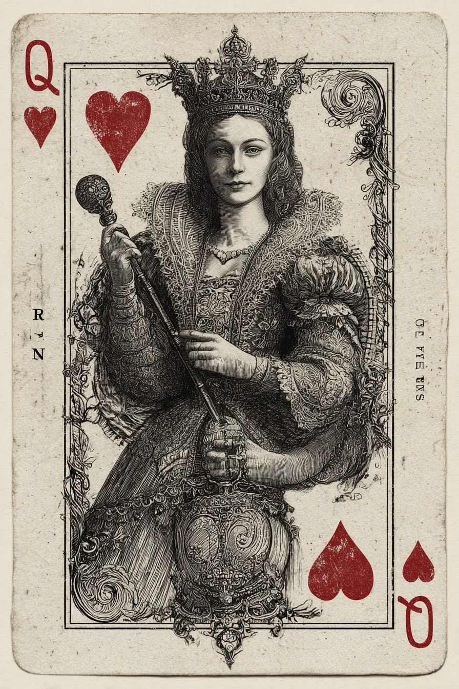 Engraved Queen Of Hearts Antique Playing Card Illustration