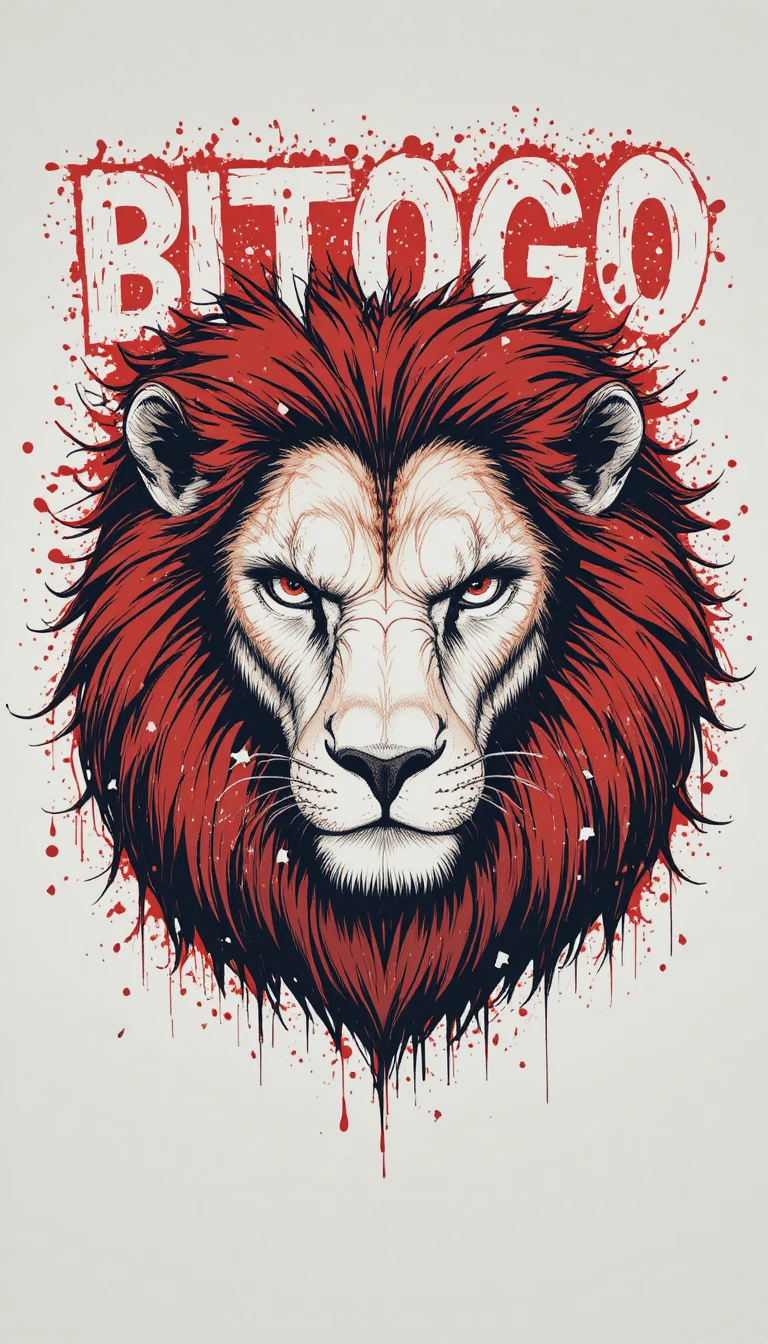 Desenho Digital de Cabeça de Leão Feroz em Fundo Vermelho