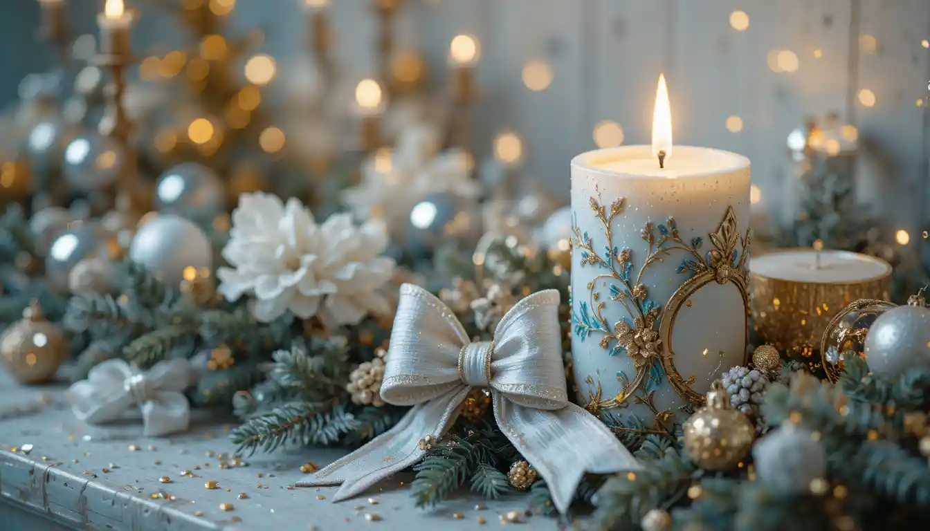 Elegante candela di Natale shabby chic e decorazioni argento