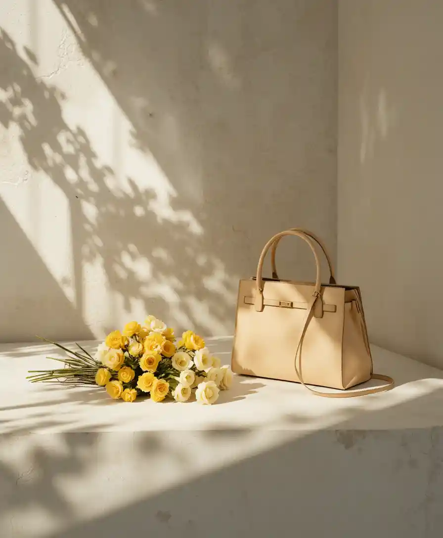 Buquê de flores amarelas e bolsa em luz suave e salpicada