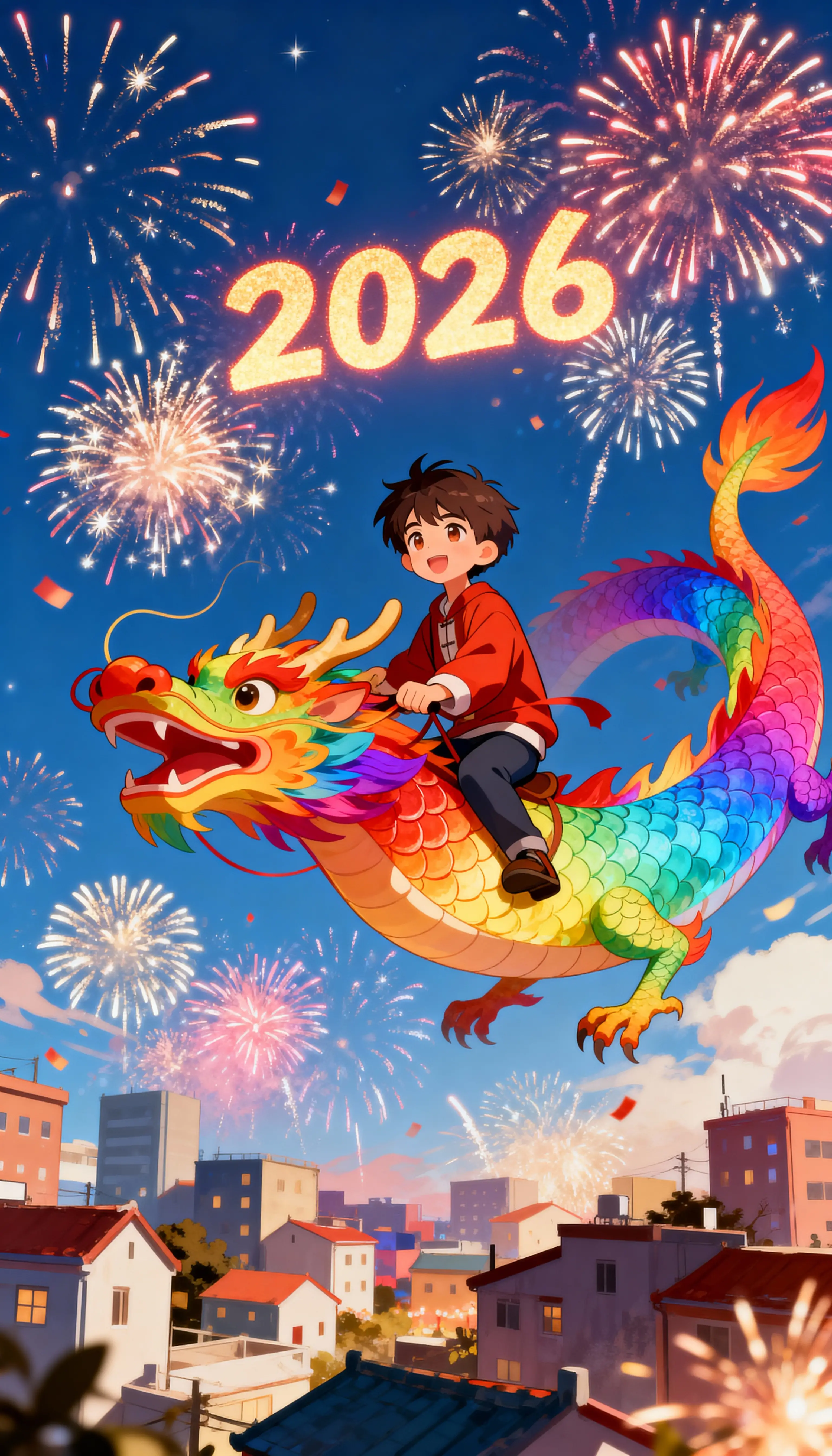 乘著彩虹巨龍穿越煙火天空的動漫男孩