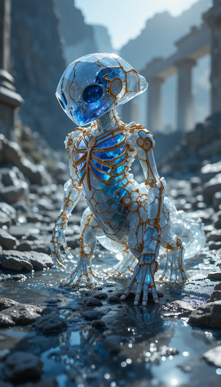 Filhote de golem de cristal em terreno rochoso ensolarado com ruínas