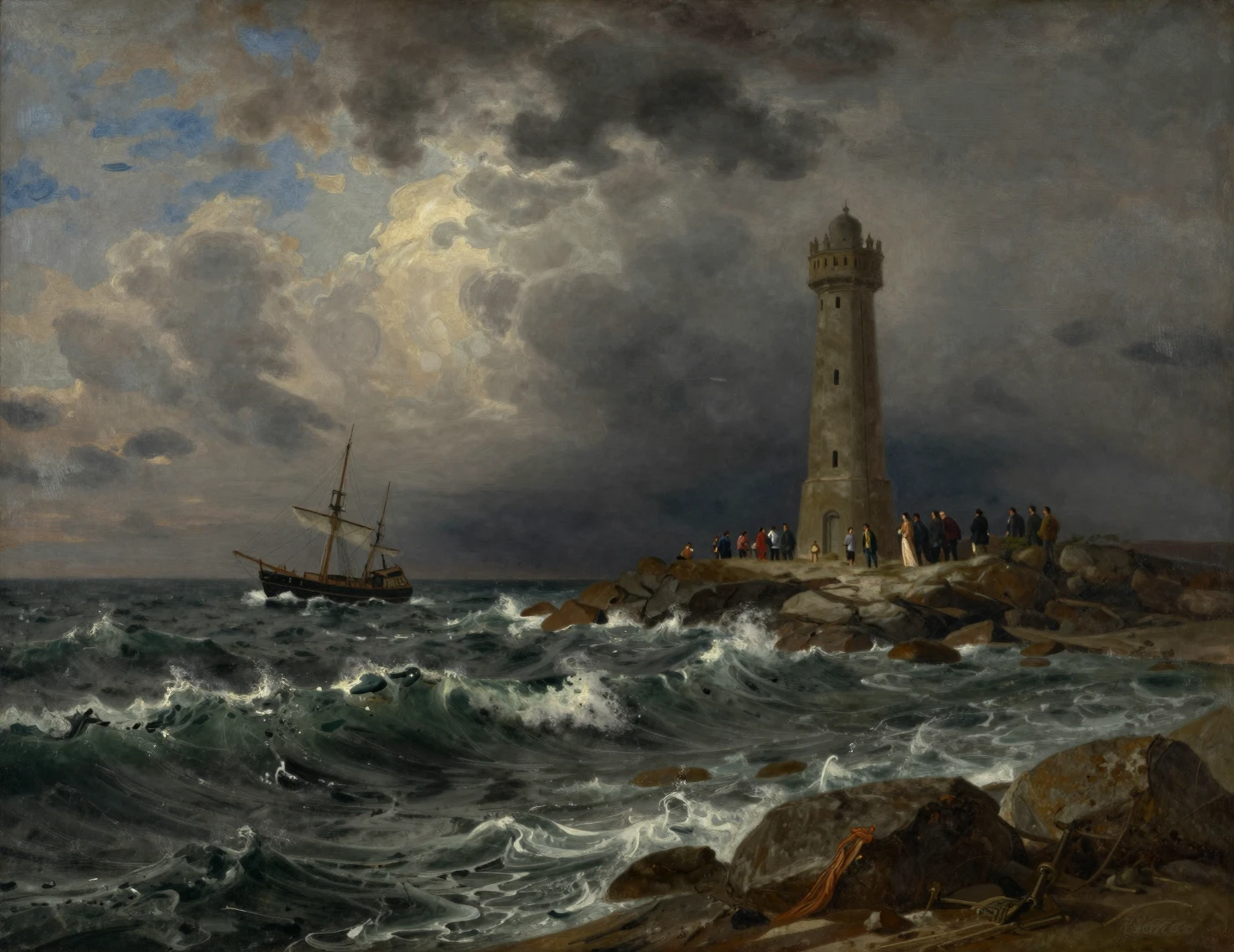 Mar Tempestuoso com Navio e Torre em Costa Rochosa