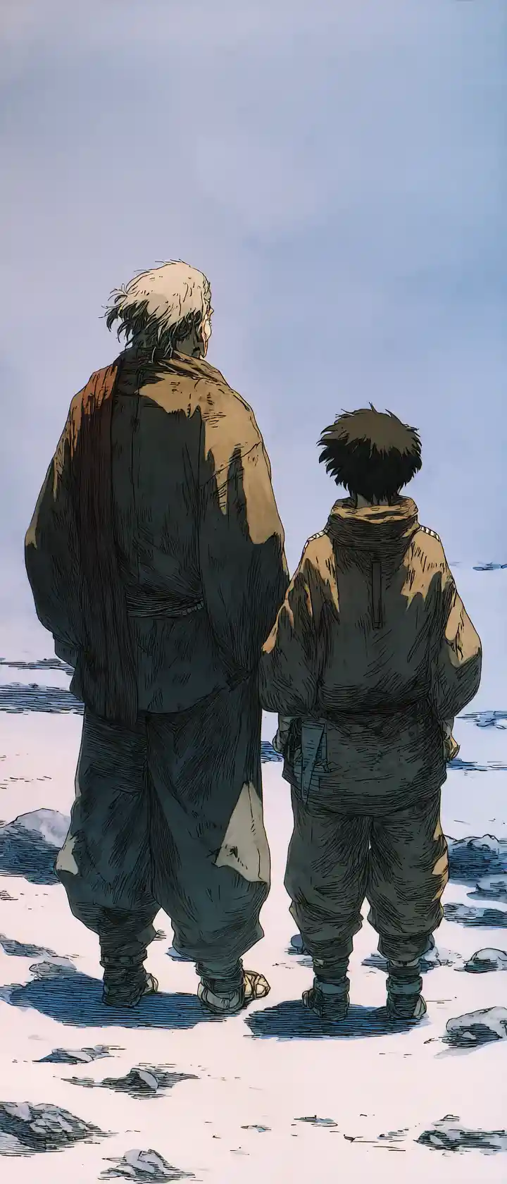 Two figures sharing a silent bond in snowy emptiness