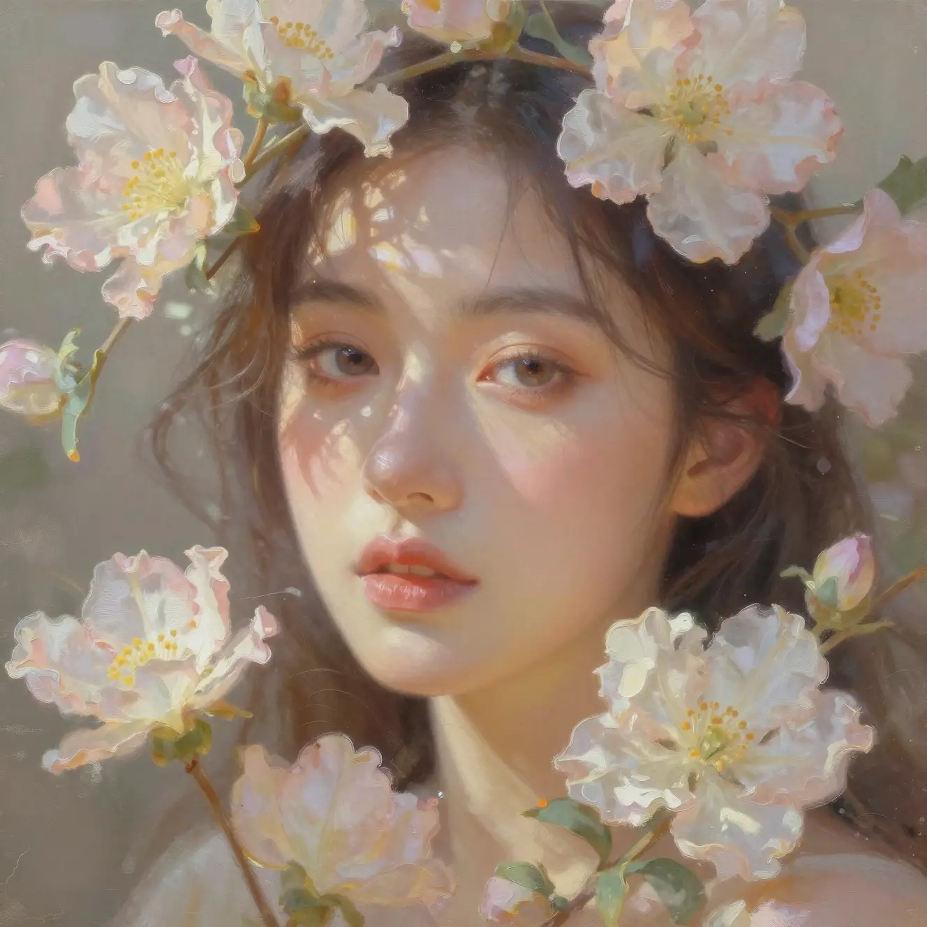 柔和光線與粉彩花朵中的靜謐女子肖像