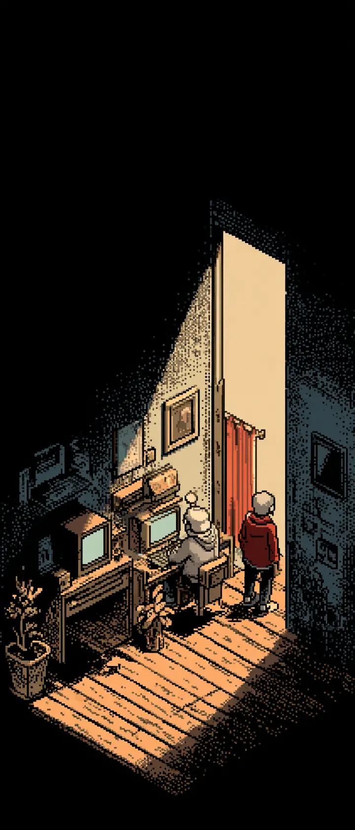 Nostalgic pixel art of two people in a small room