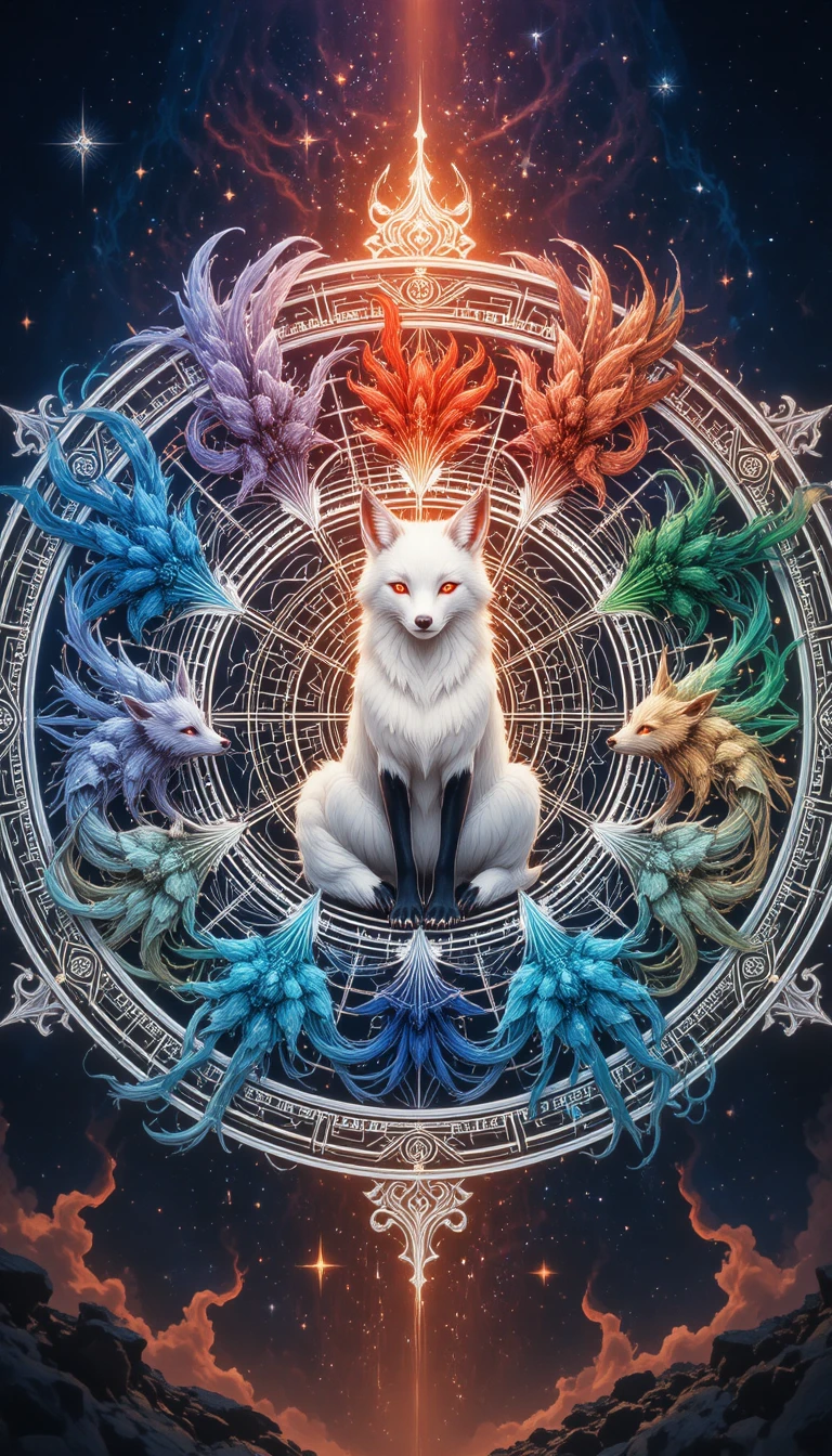 Mandala de renard à neuf queues élémentaire au style anime cosmique