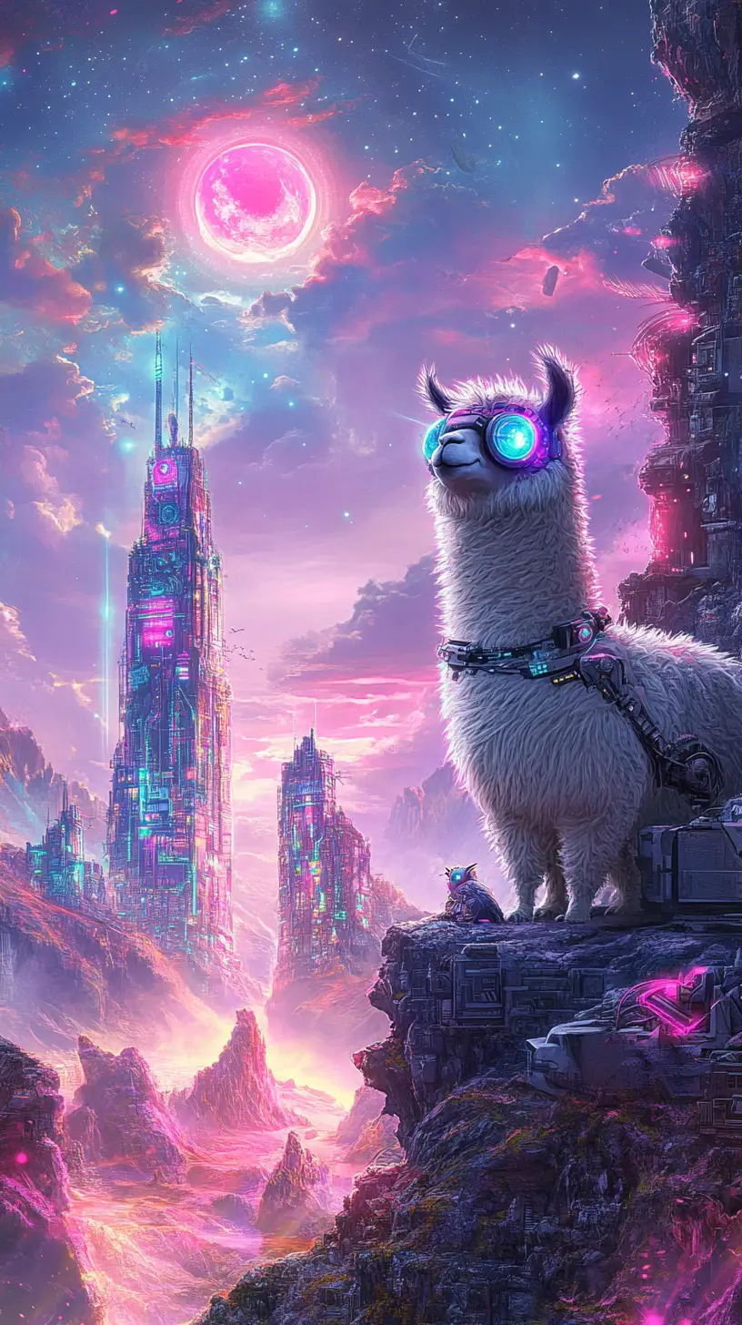 Time traveling alpaca with steampunk owl in surreal landscape