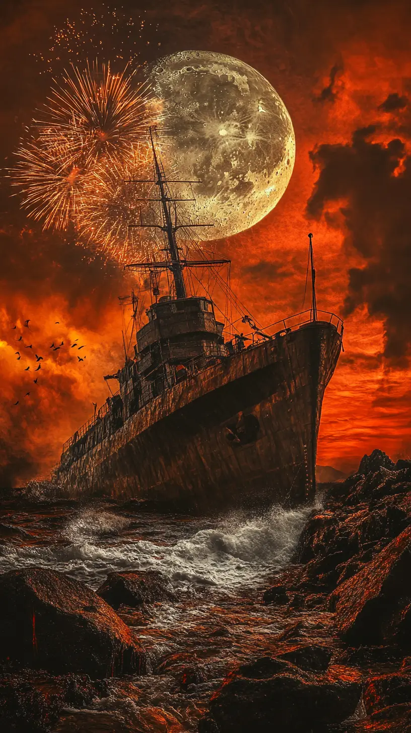 Rostiges Schiffswrack im Vollmond mit Neujahrsfeuerwerk