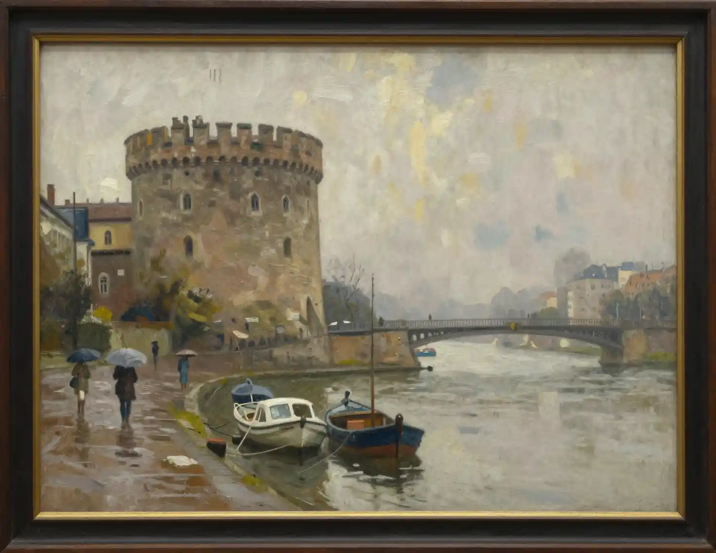 Impressionist tower by a misty riverside with small boats