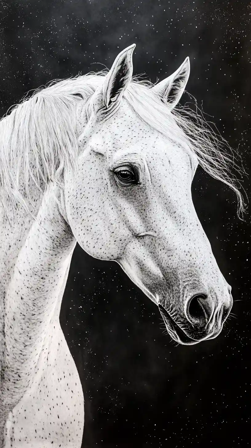 White arabian horse portrait on black cosmic background