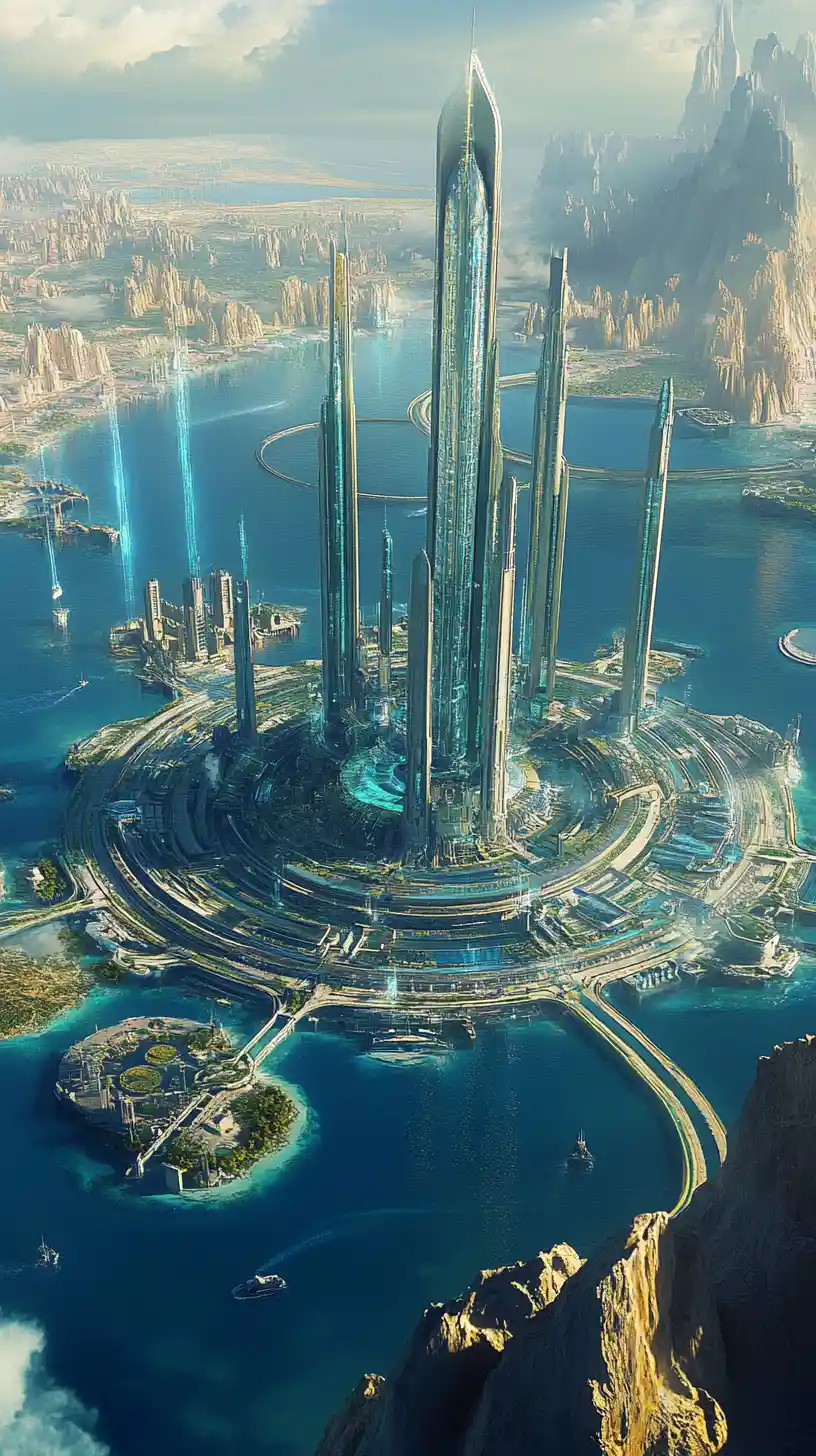 Ancient high tech Atlantis city rising from the ocean