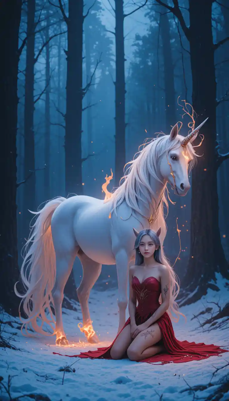 烈焰魔幻冬日森林中的獨角獸與精靈