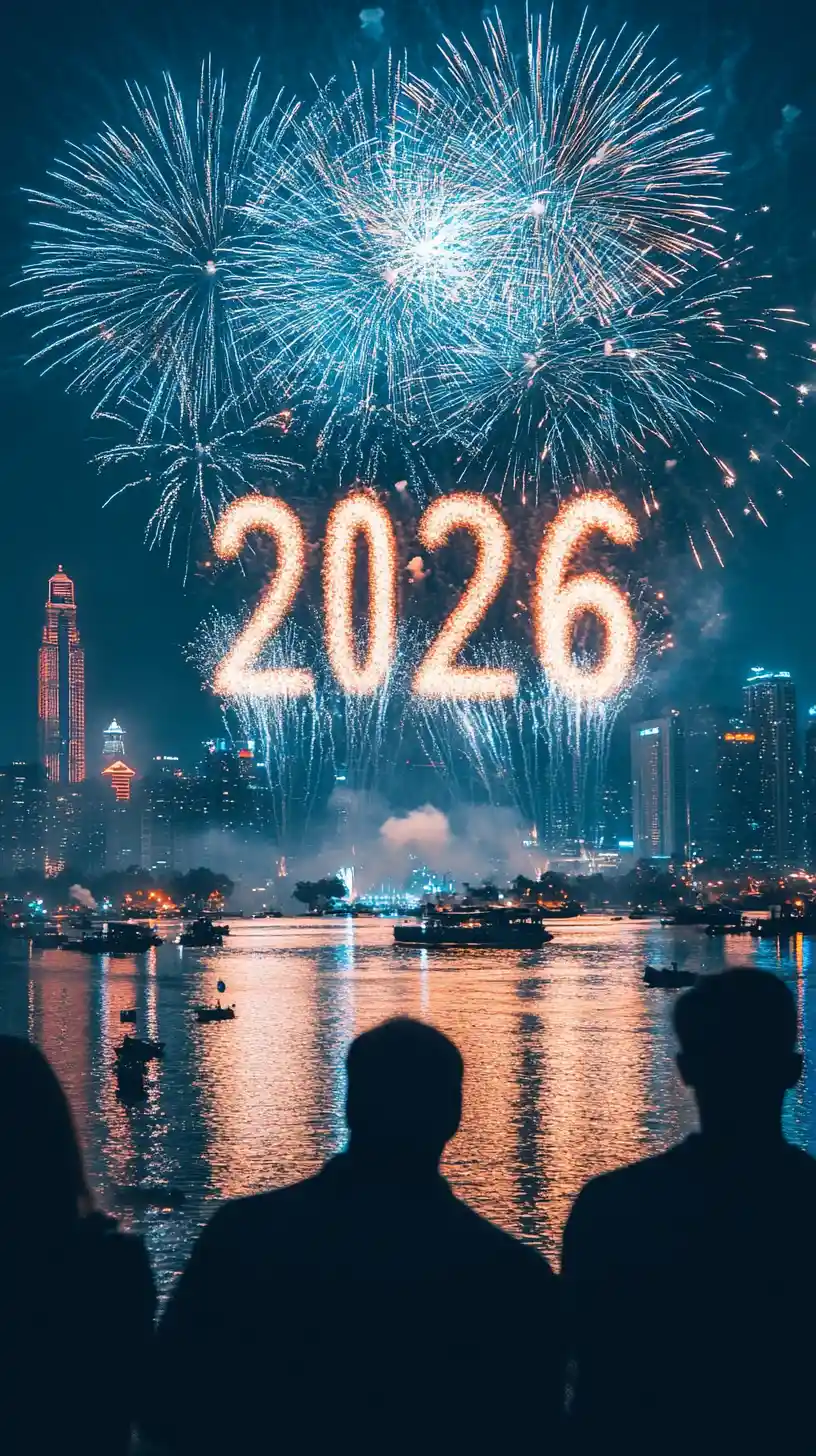도시 강 위로 2026 숫자를 그리는 형형색색의 불꽃놀이