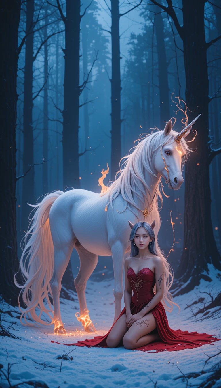 Unicorno ed elfo in una fiammeggiante foresta invernale incantata