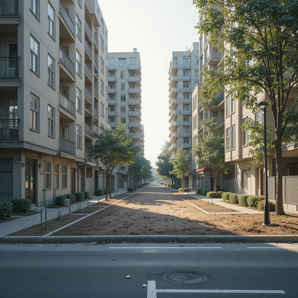Lotto urbano vuoto e strada prima della nuova costruzione