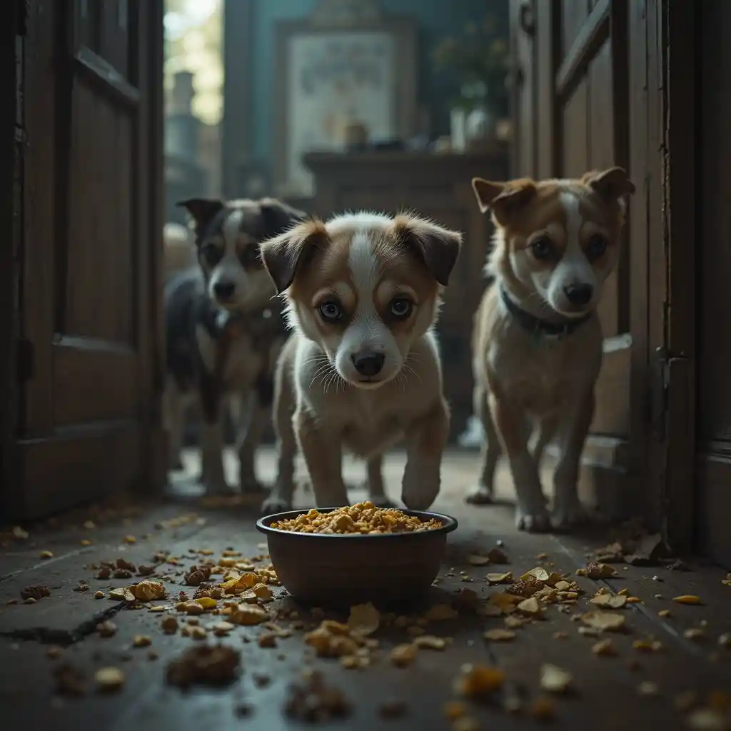 Puppy Near Food As Two Sneaky Dogs Enter The Scene