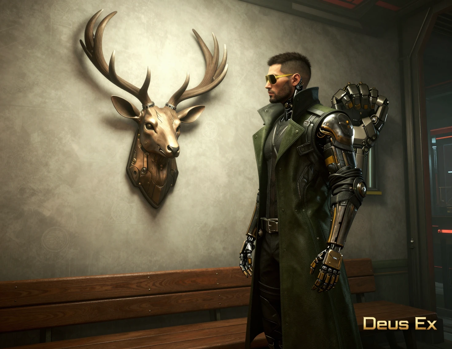 Augmented detective in a cyberpunk room studying wall art