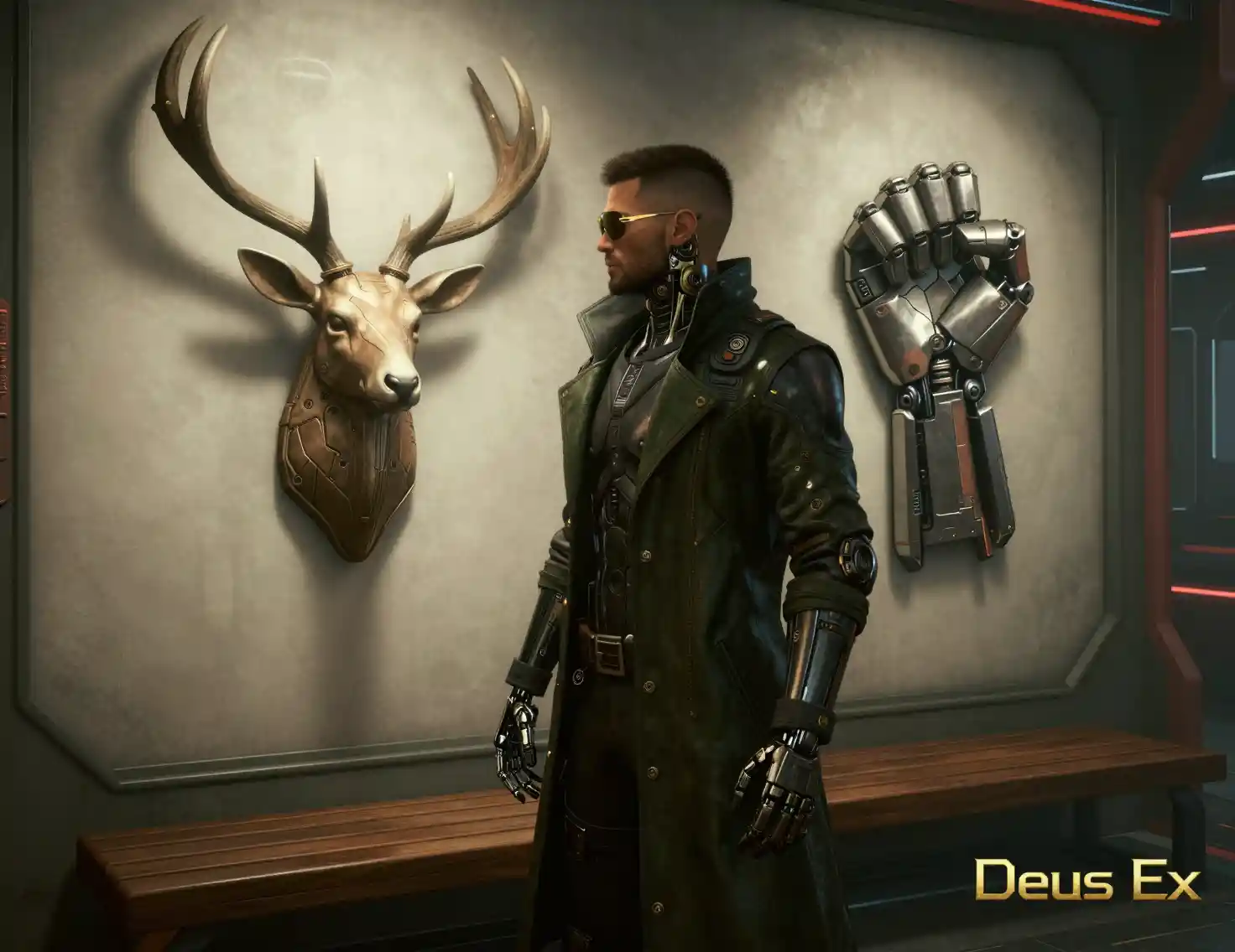 Augmented Detective Studying Cybernetic Wall Art In Futuristic Room