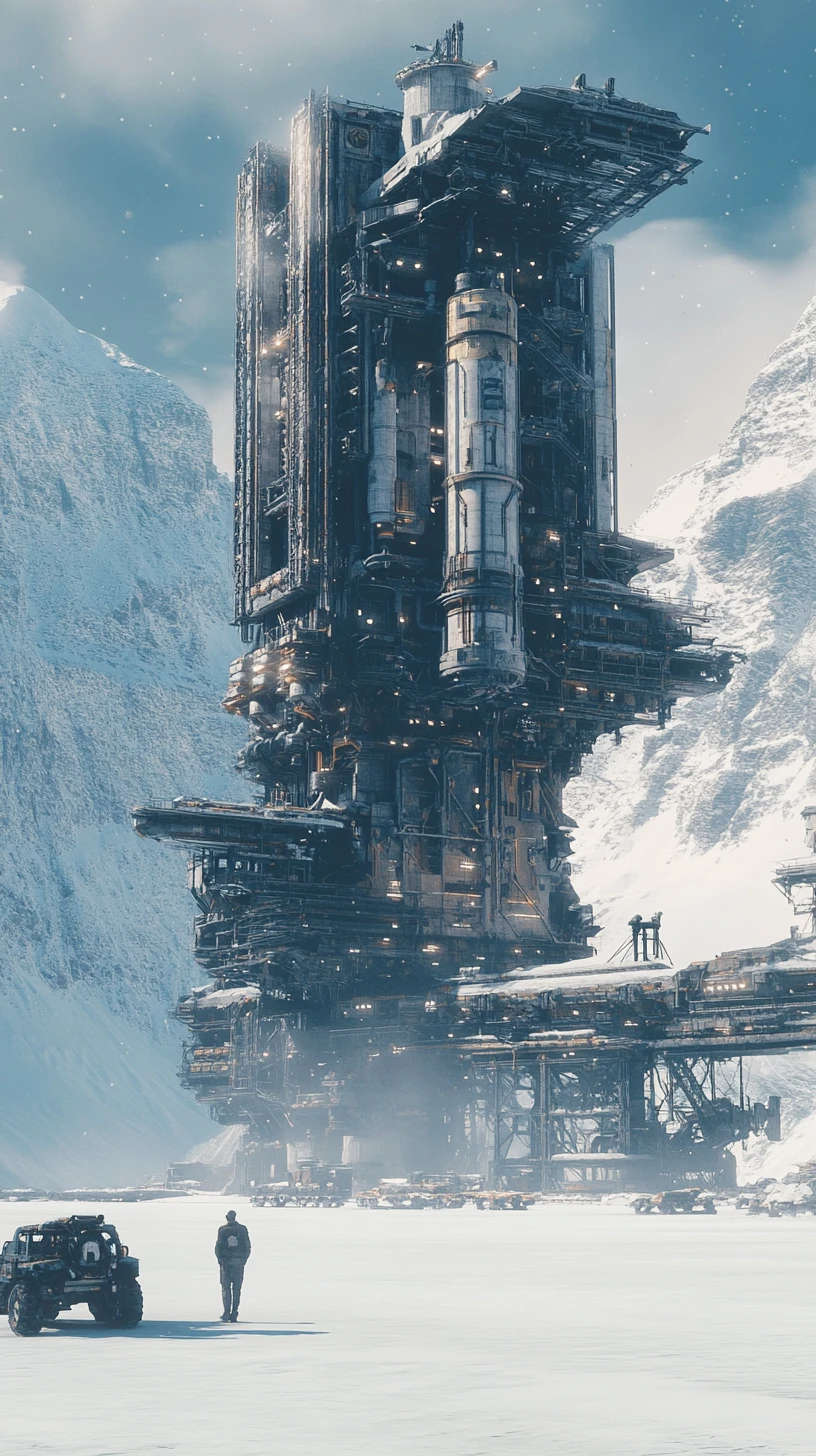 Gigantic spaceship landing on an endless snowy ice plain