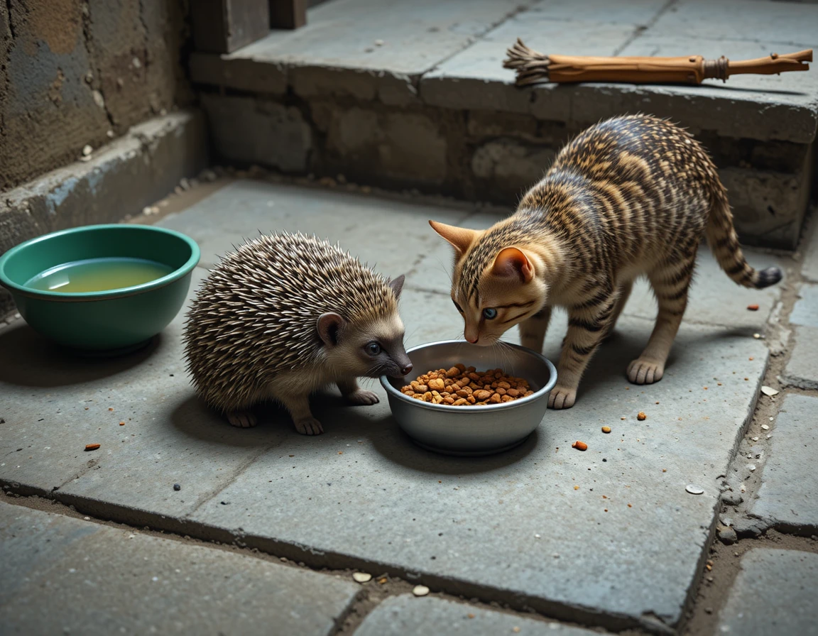 Hérisson et chat partageant des gamelles sur un sol en ciment brut