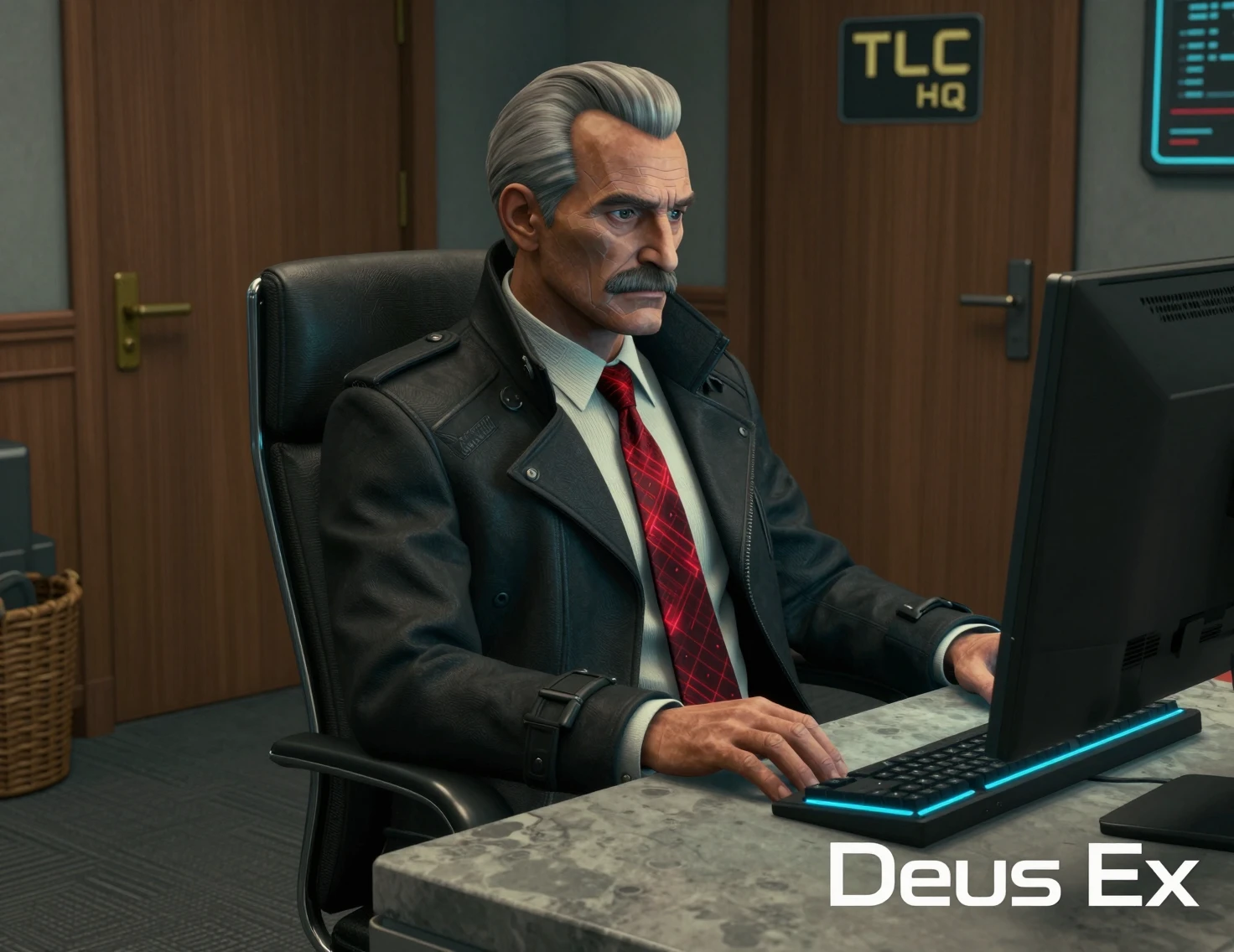 Empresário mais velho em escritório cyberpunk neon em sua mesa