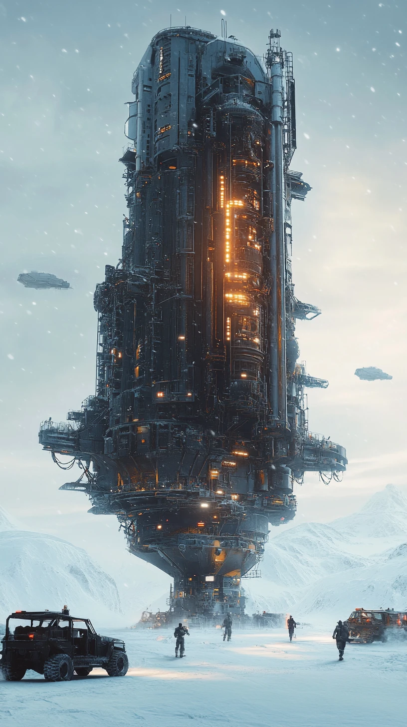 Gigantic sci fi spaceship landed on a snowy icy plain