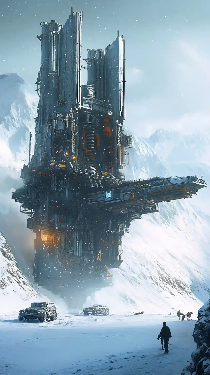 Colossal sci fi spaceship landing on endless snowy ice plain