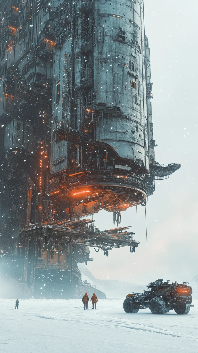 Vaisseau spatial de science‑fiction gigantesque atterrissant sur une plaine glacée