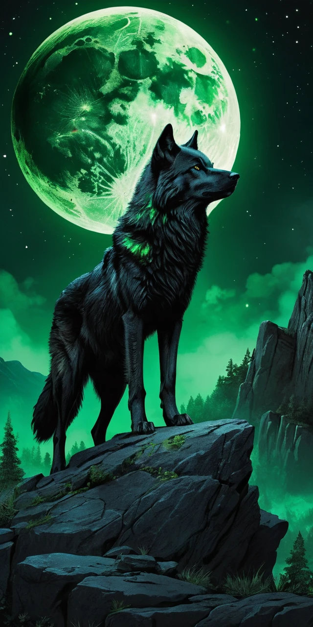Lobo negro sob uma lua cheia verde brilhante em rochas