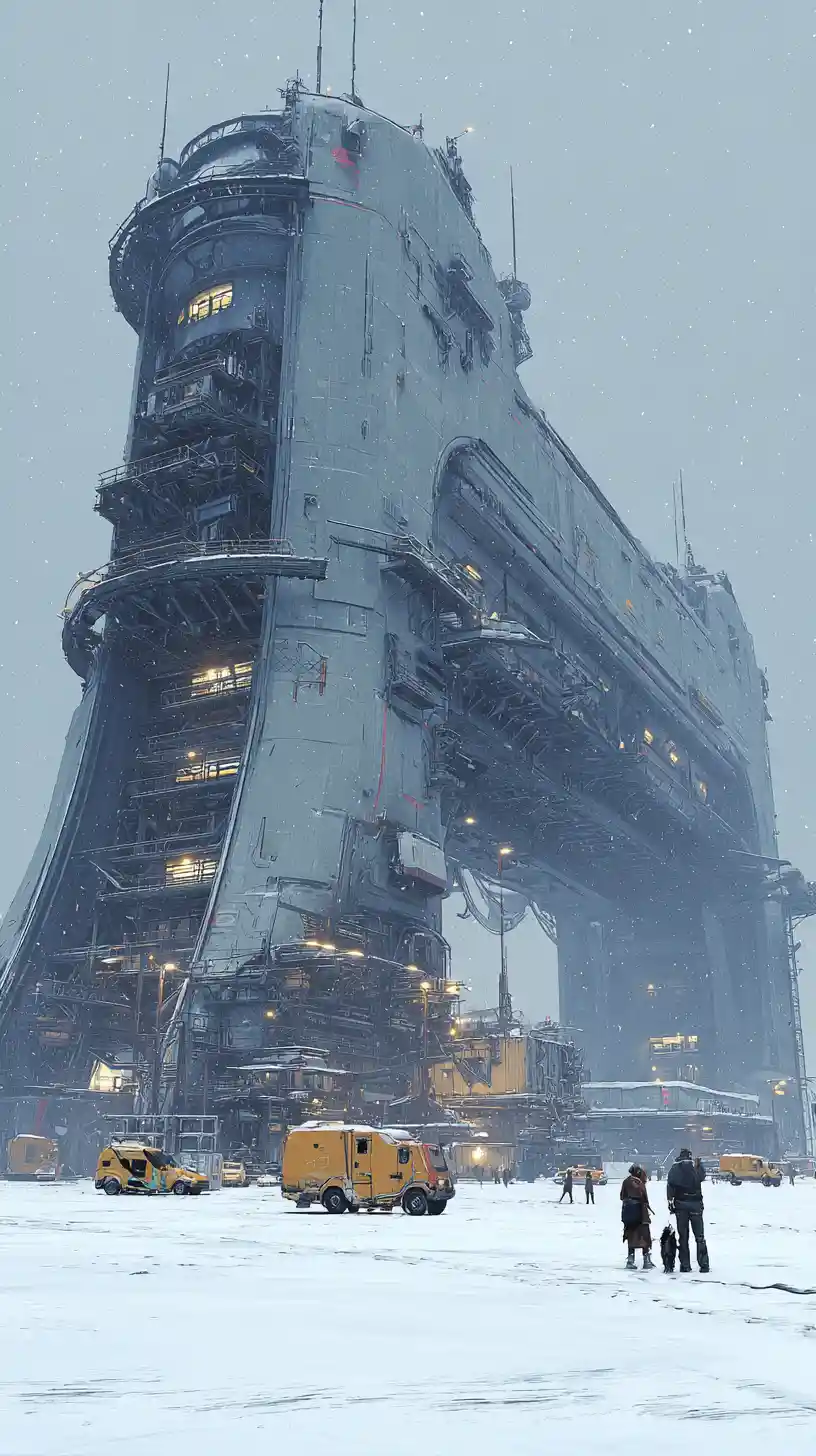 Nave espacial sci-fi gigantesca pousada em planície nevada e congelada