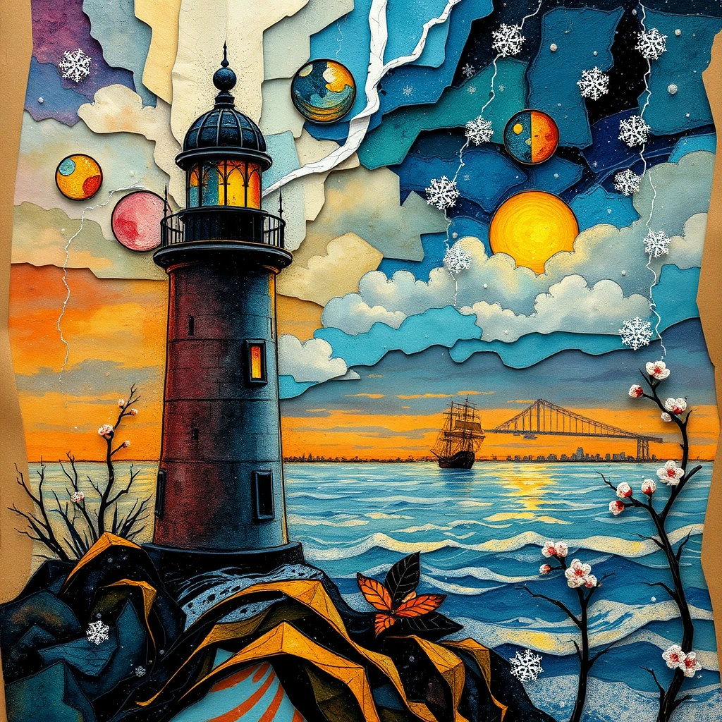Cena impressionista de farol com painéis de mar nevado