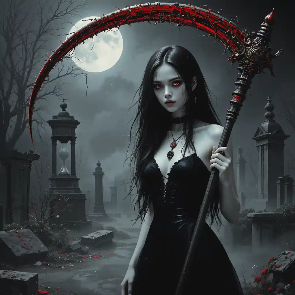 Gothic woman with scythe under full moon in cemetery