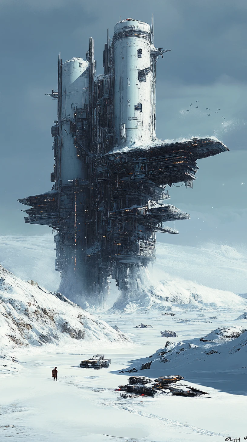 Colossal sci fi spaceship landing on endless frozen wasteland
