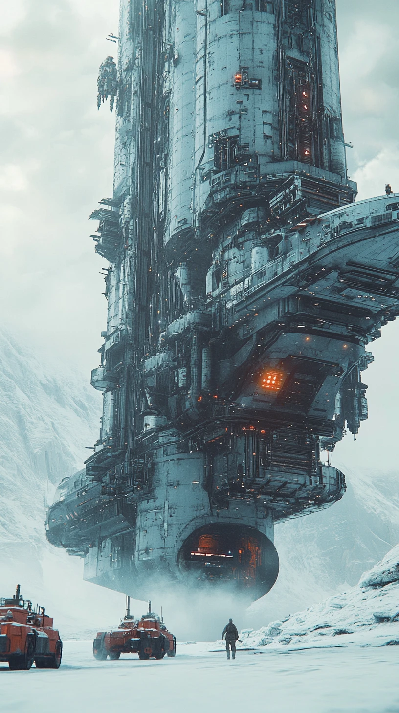Colossal sci fi spaceship landed on frozen ice plain