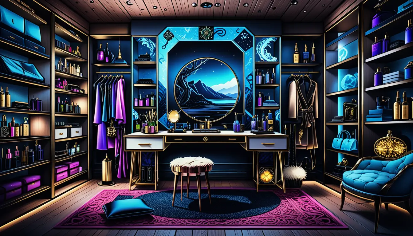 Luxurious walk in closet with plush seating and vanity