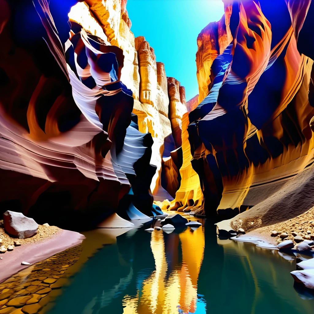 Paesaggio sereno di canyon con grotte e ruscello centrale