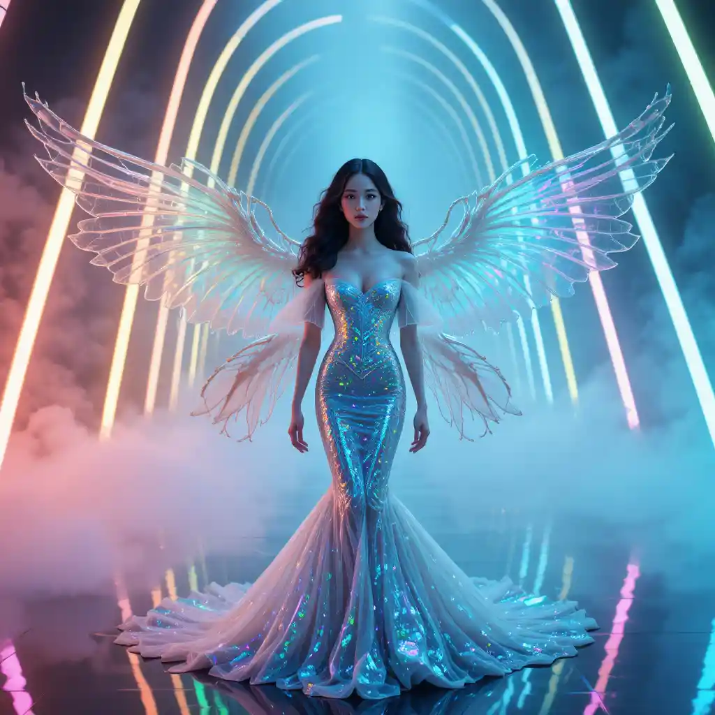 Modella coreana eterea in couture da sirena iridescente