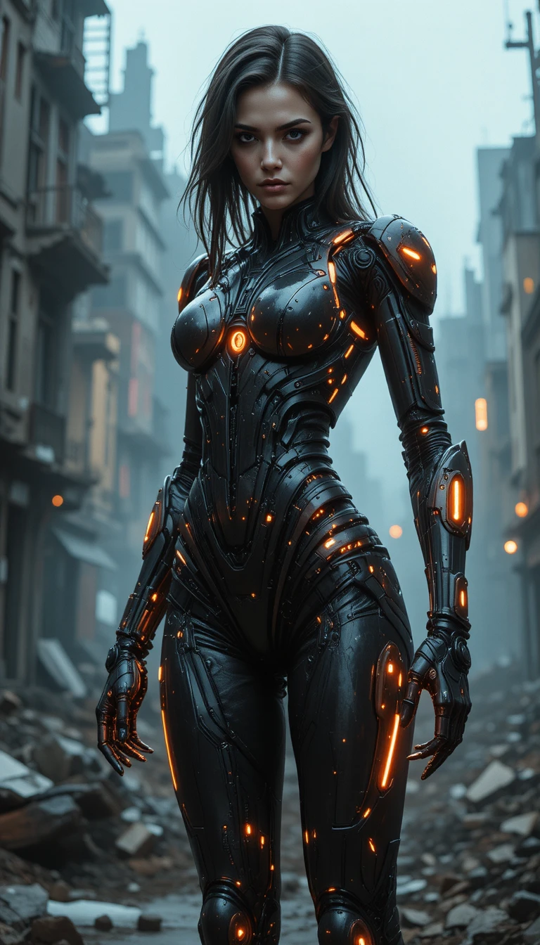Cyborg femminile realistico in un paesaggio urbano distopico in rovina