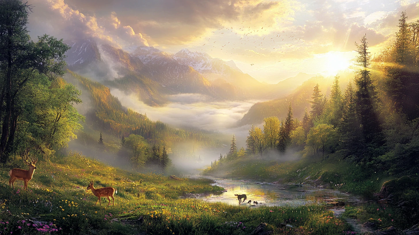 Cerfs près d’un ruisseau de montagne au lever du soleil au-dessus d’une forêt brumeuse