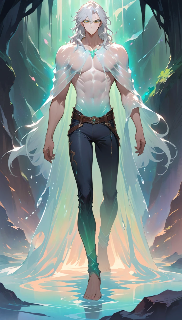 Serious slime covered man standing ready to fight in cave