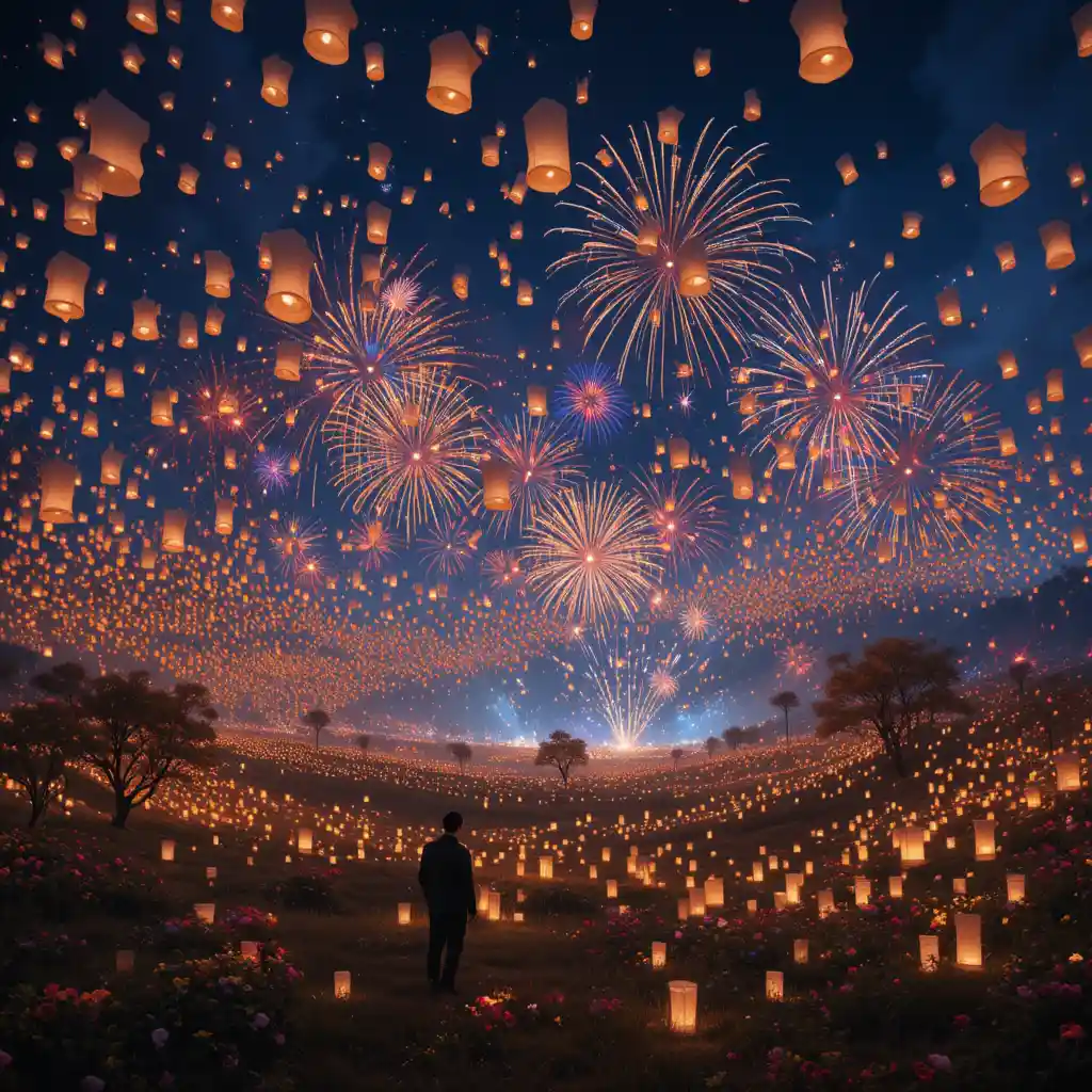 Lanternes de Liberté Lumineuses S’élevant dans un Ciel Nocturne Calme
