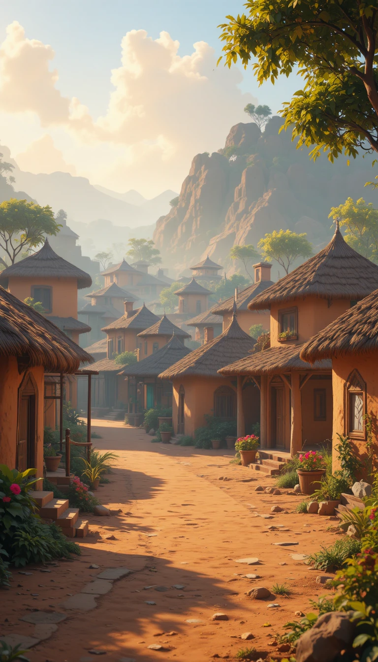 Farbenfrohes indisches Dorf im Pixar-Stil im sanften Morgenlicht