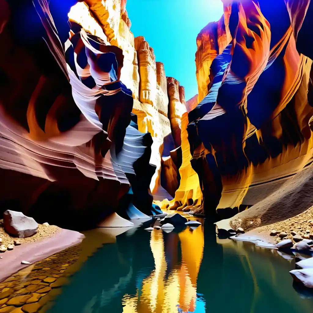 Stille Canyonlandschaft mit Höhlen und einem zentralen Bach