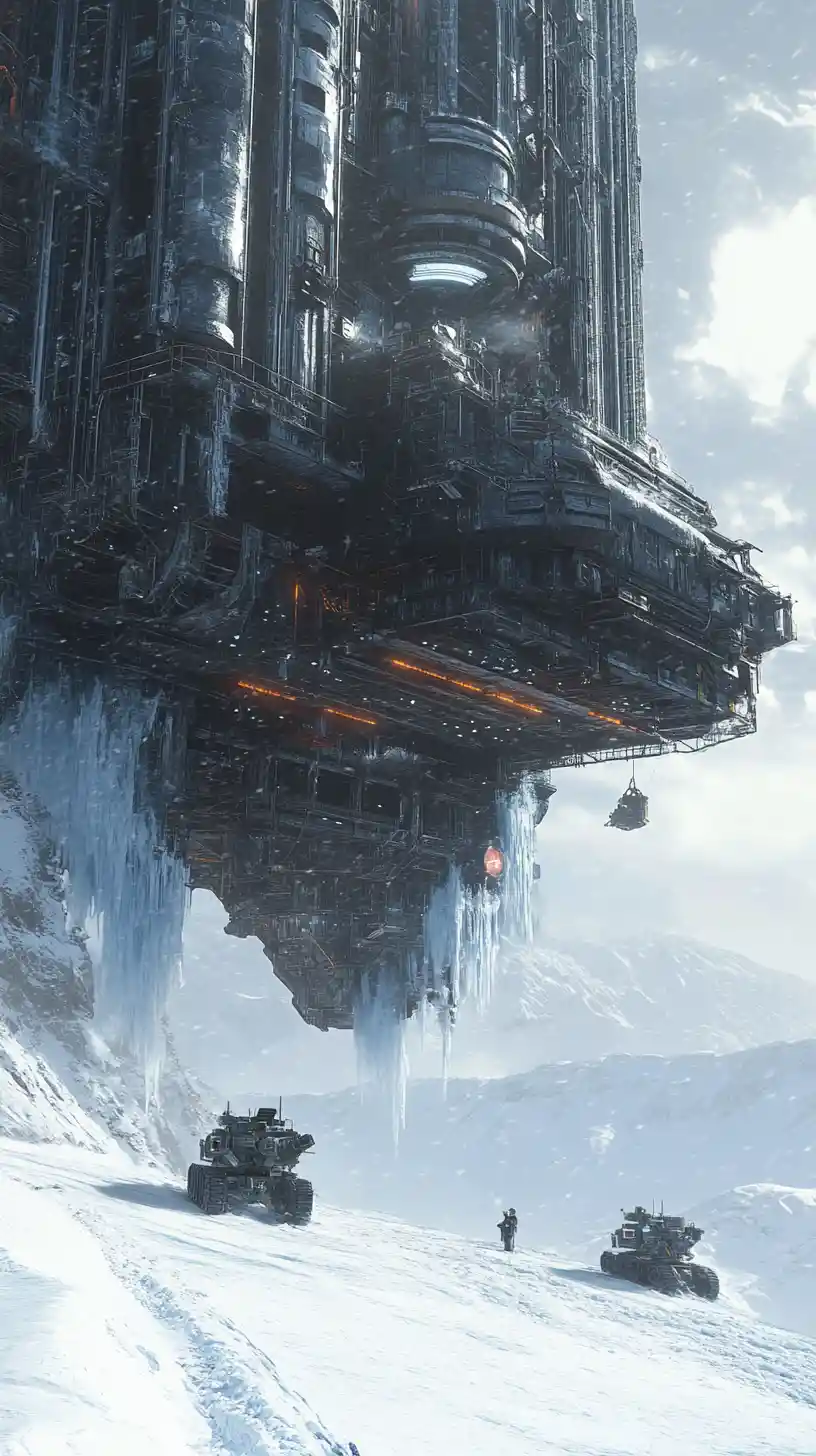 Gigantic sci fi spaceship landing on endless icy plain