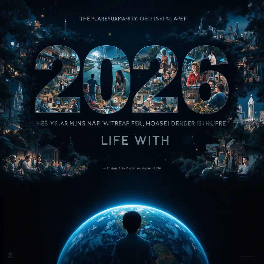 Futuristic 2026 poster with Earth glowing in deep space